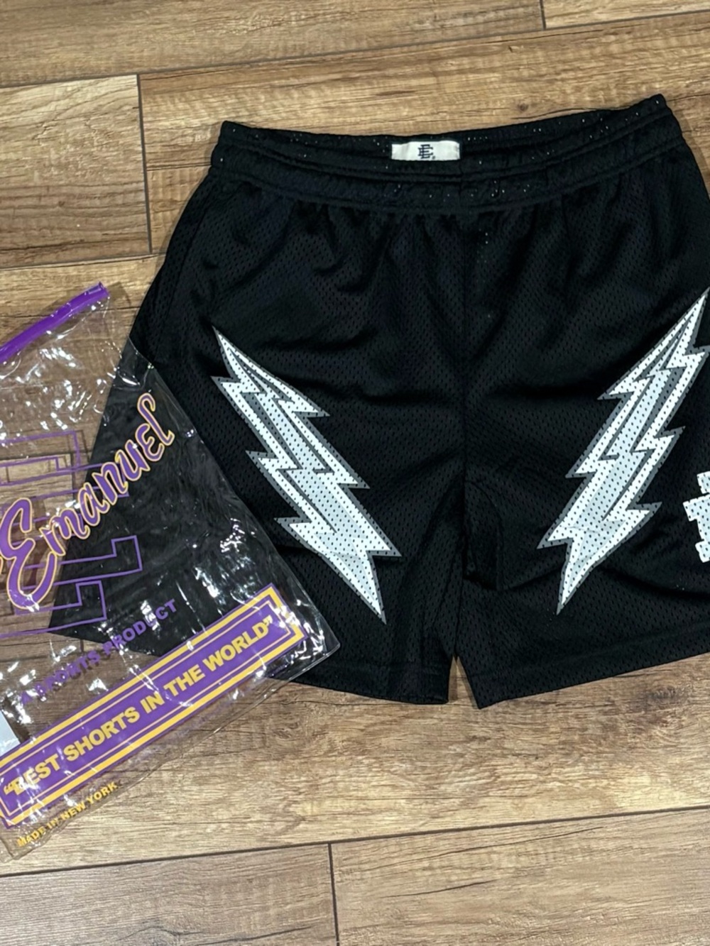 Eric Emanuel Black/White/Silver Lightning Bolt EE Shorts Mens Large